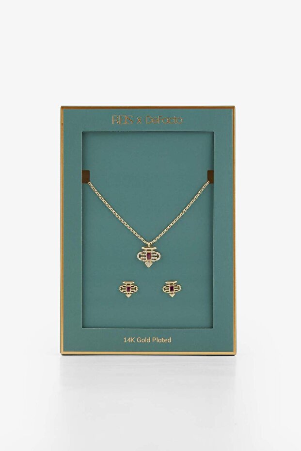 Reis x 14 Ayar Altın Kaplama Ruby Prego Kadın Mor Taşlı Gold Kolye Küpe Seti F3954AXNS - 3