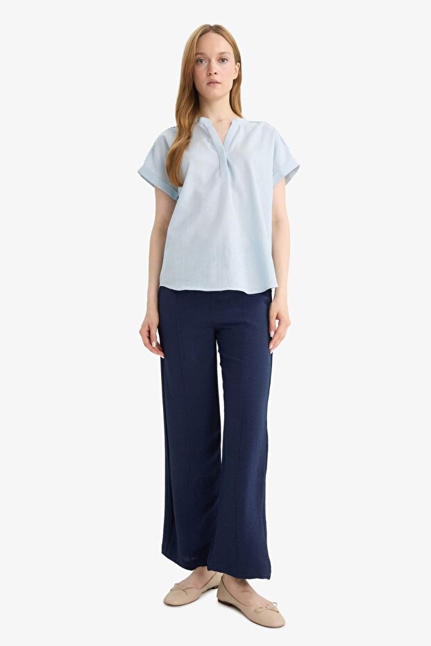Regular Fit Apache Collar Flared Cotton Short Sleeve Blouse F1635Ax25Sm - 2