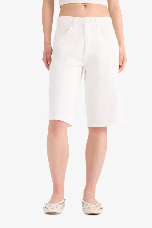 Yüksek Bel Beyaz Jean Bermuda Şort E4087AX25SM - 4