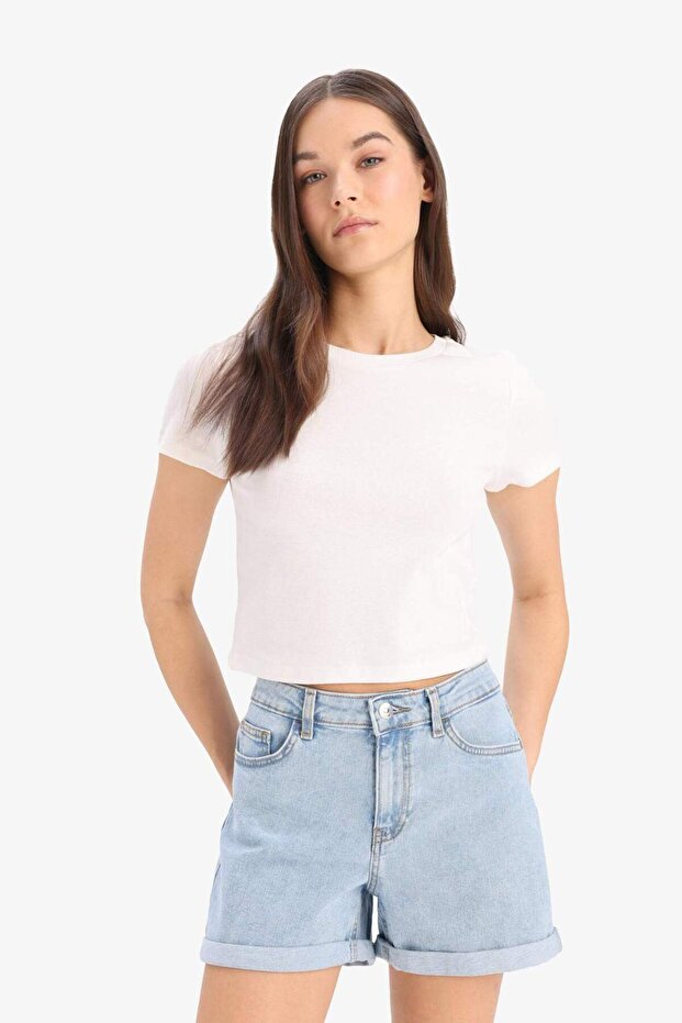 Yüksek Bel Cepli Yıkamalı Dar Paça Jean Şort E0702AX25SM - 4