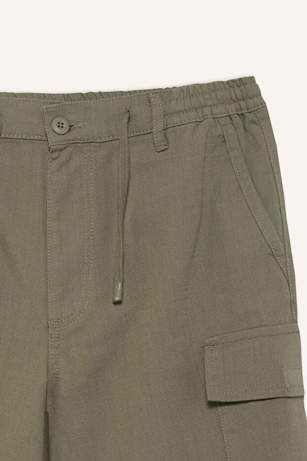 %100 Pamuk Regular Kargo Cepli Keten Görünümlü Bermuda Şort E7799AX25SP - 7