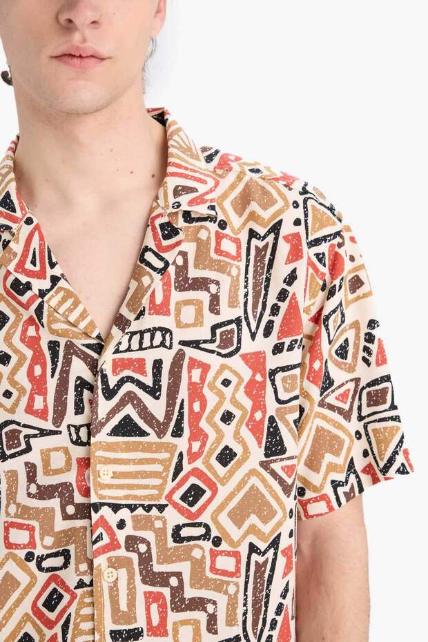 Regular Fit Apaş Yaka Desenli Yazlık Kısa Kollu Gömlek E1041AX25SM - 4