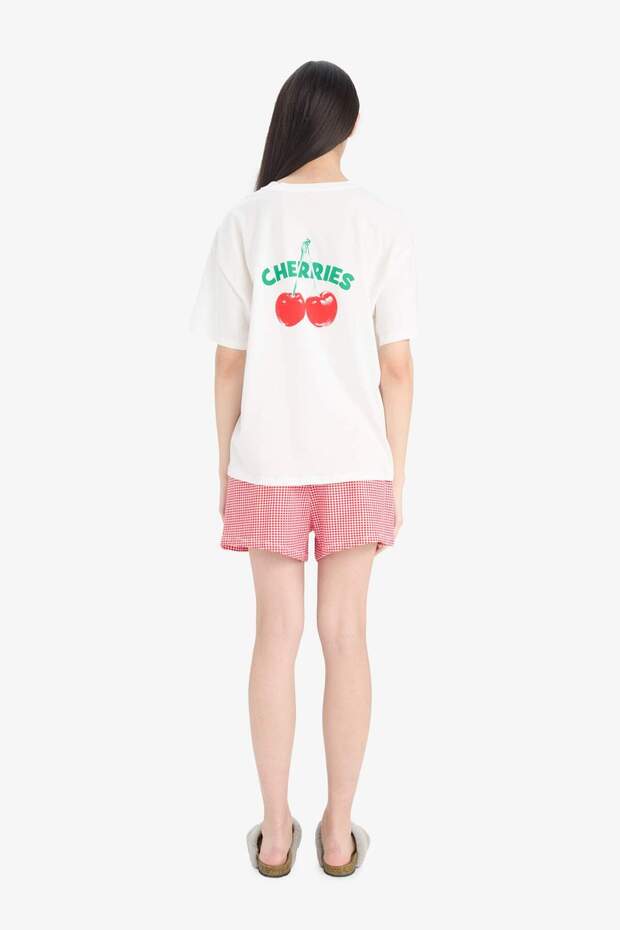 Regular Fit Pijama Takımı Kısa Kollu Baskılı Üst Esnek Belli Şort-Fall in Love F1958AX25SP - 8