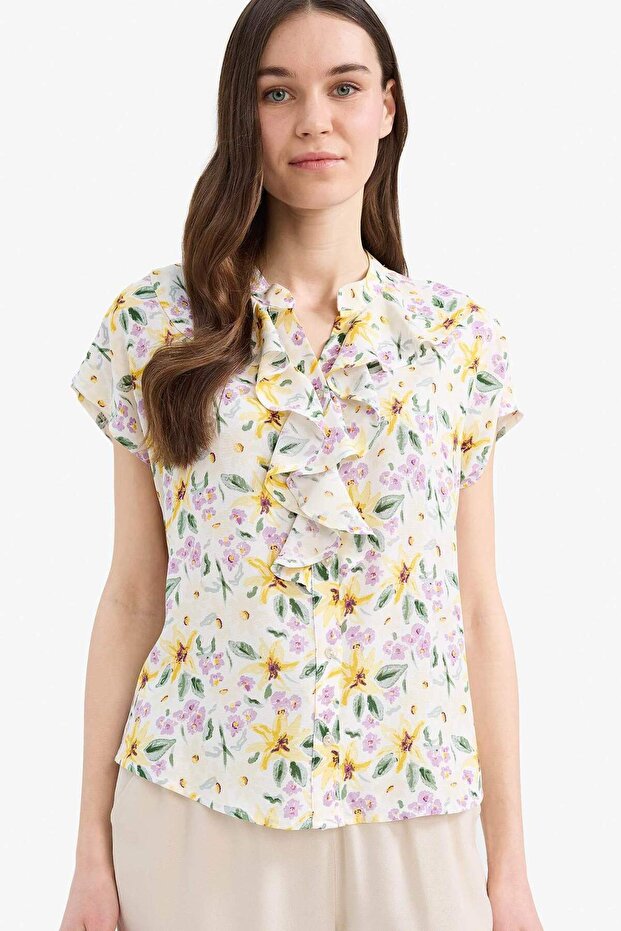 Regular Fit Kaçık Yaka Çiçek Desenli Kısa Kollu Bluz F0995AX25SM - 4