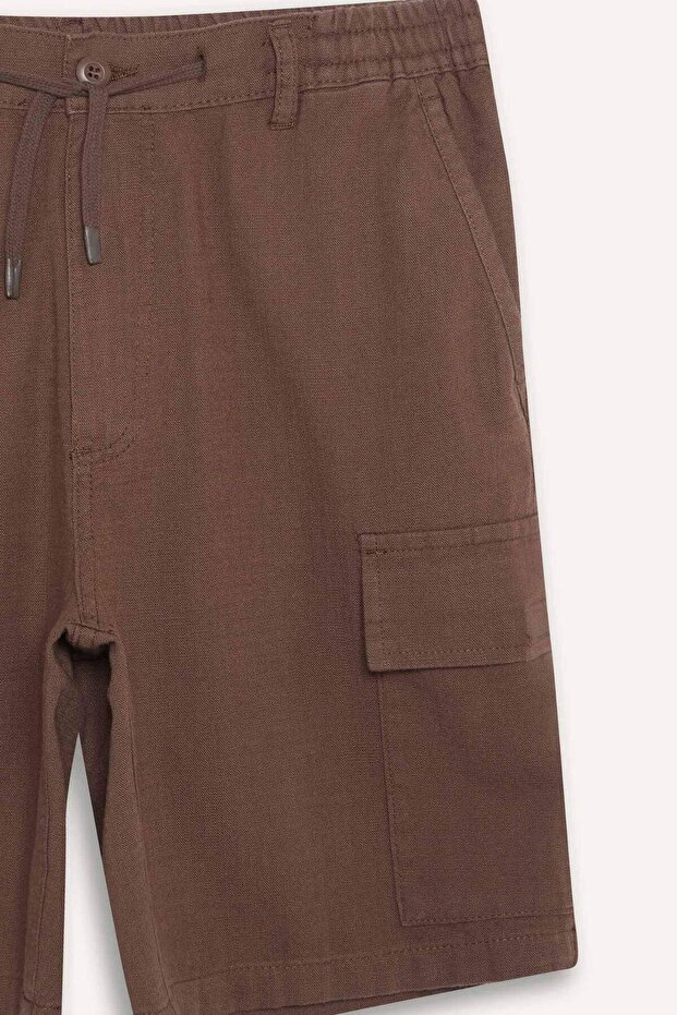%100 Pamuk Regular Kargo Cepli Keten Görünümlü Bermuda Şort E7799AX25SP - 7