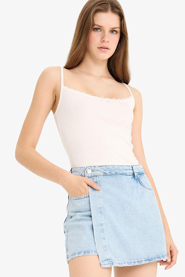 Yüksek Bel Cepli Mini Jean Şort Etek E4697AX25SM - 3