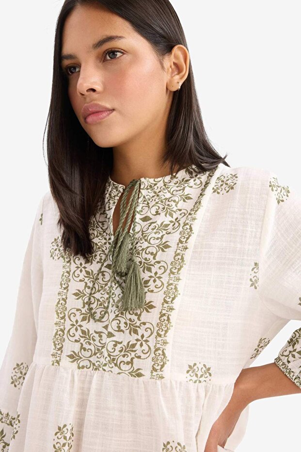 Regular Fit V Yaka Şal Desenli Pamuklu Uzun Kollu Bluz F3467AX25SP - 4