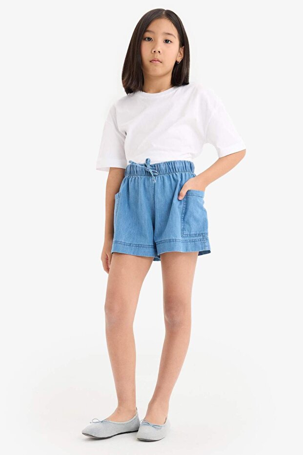 Kız Çocuk Beli Lastikli Cepli Jean Şort B6574A825SM - 4