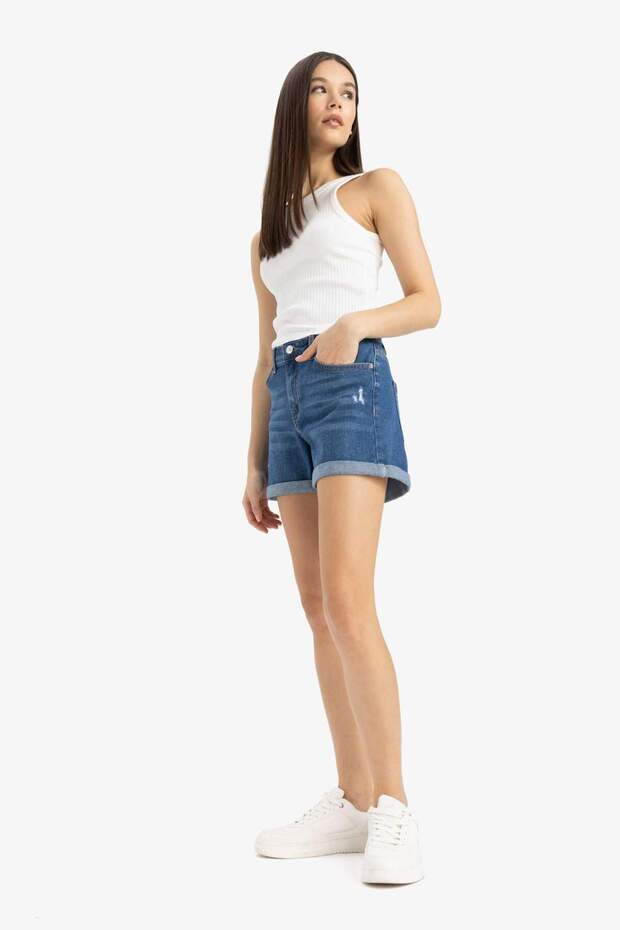 Yüksek Bel Dar Paça Jean Şort E0700AX25SM - 2