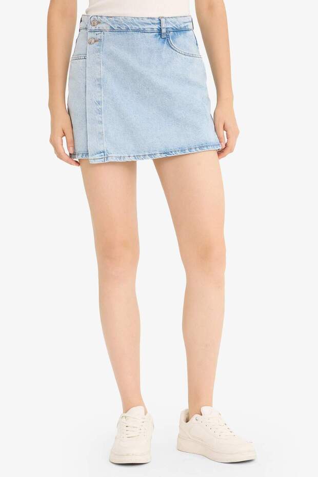 Yüksek Bel Cepli Mini Jean Şort Etek E4697AX25SM - 4