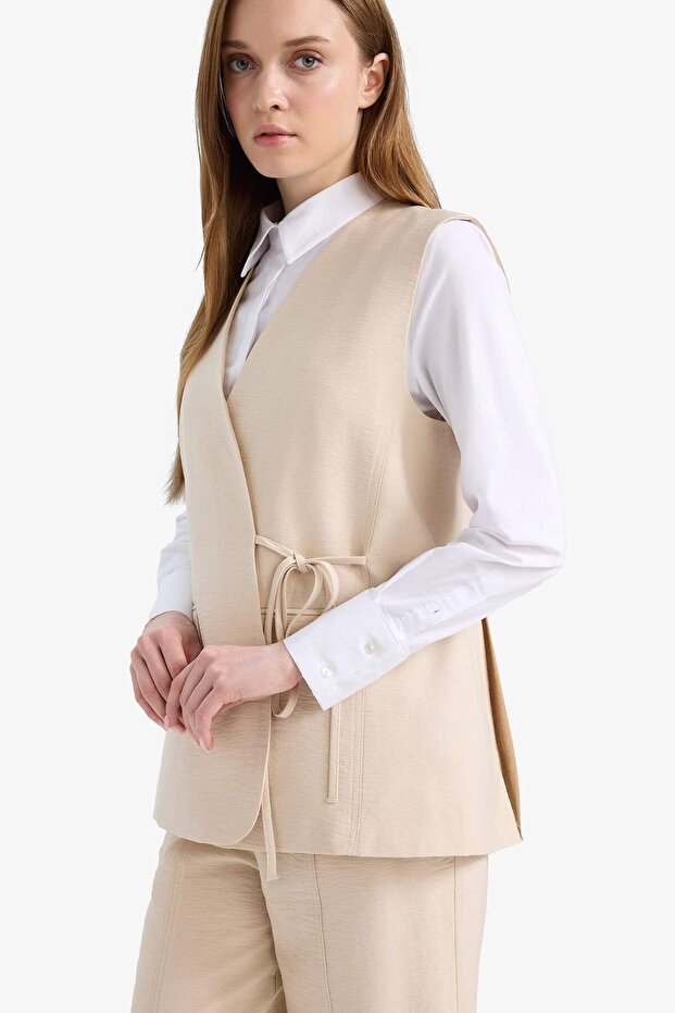 V Yaka Bağcıklı Basic Düz Blazer Yelek E4358AX25SP - 4