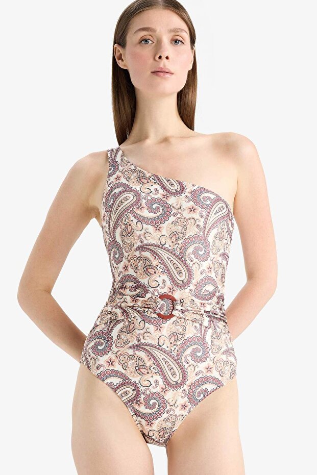 Tek Omuz Şal Desenli Mayo-Fall in Love E4890AX25SM - 1