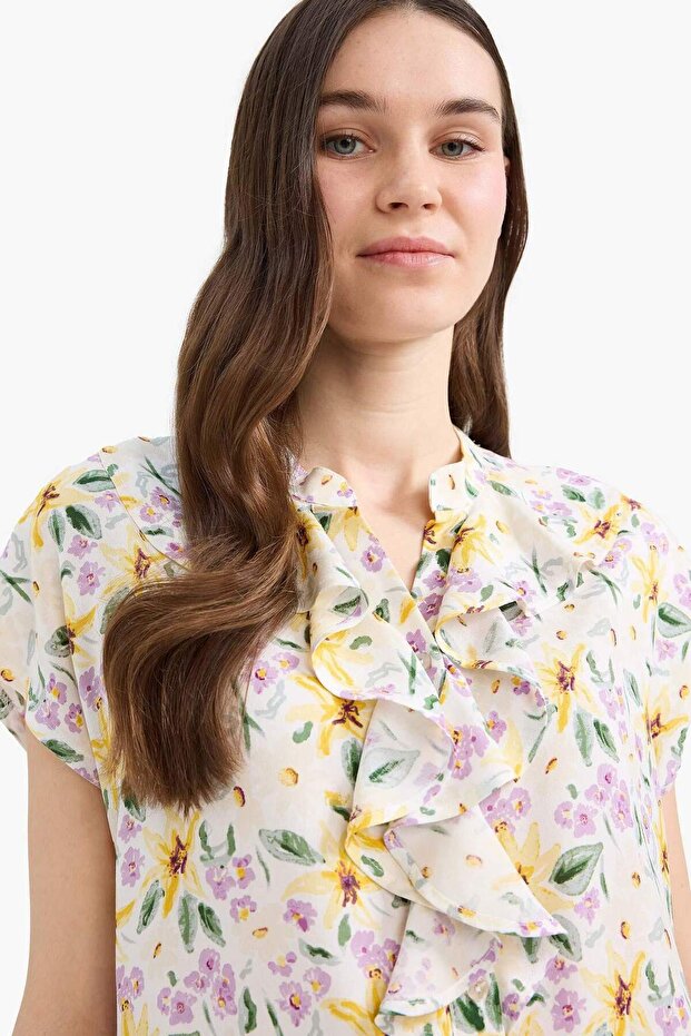 Regular Fit Kaçık Yaka Çiçek Desenli Kısa Kollu Bluz F0995AX25SM - 8