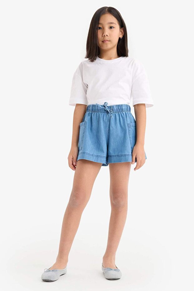Kız Çocuk Beli Lastikli Cepli Jean Şort B6574A825SM - 3
