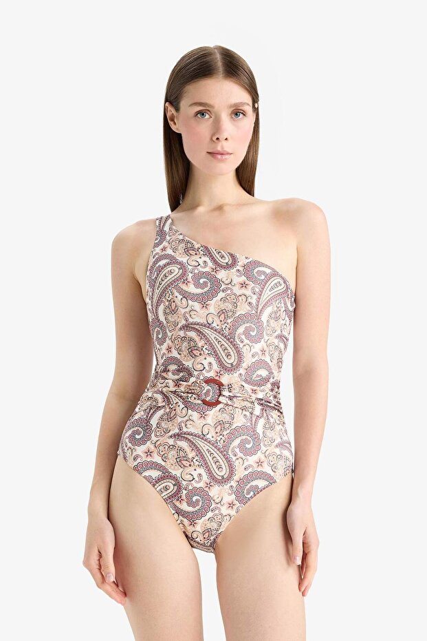 Tek Omuz Şal Desenli Mayo-Fall in Love E4890AX25SM - 3