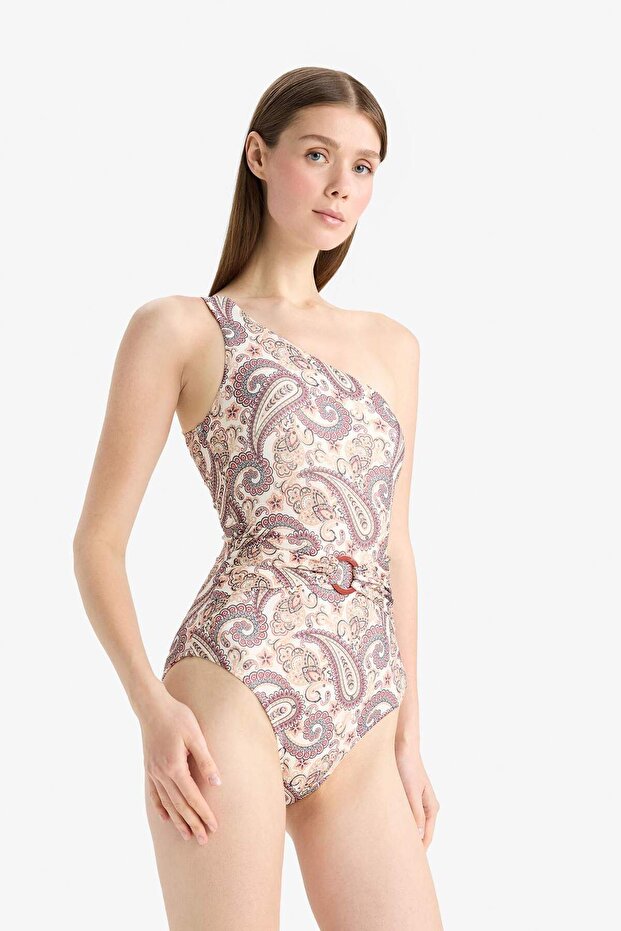 Tek Omuz Şal Desenli Mayo-Fall in Love E4890AX25SM - 2