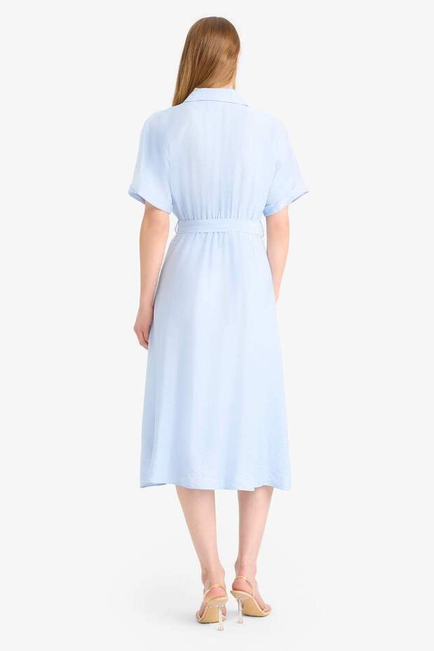 Gömlek Yaka Kuşaklı Kısa Kollu Midi Yazlık Elbise F2113AX25SM - 7
