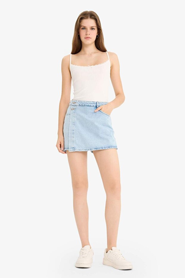 Yüksek Bel Cepli Mini Jean Şort Etek E4697AX25SM - 1