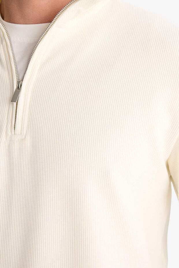 Komfortowa bluza z prostym kołnierzem, półsuwakiem i splotem waflowym D7543AX25SP - 5