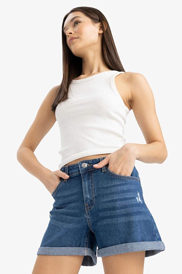 Yüksek Bel Dar Paça Jean Şort E0700AX25SM - 5