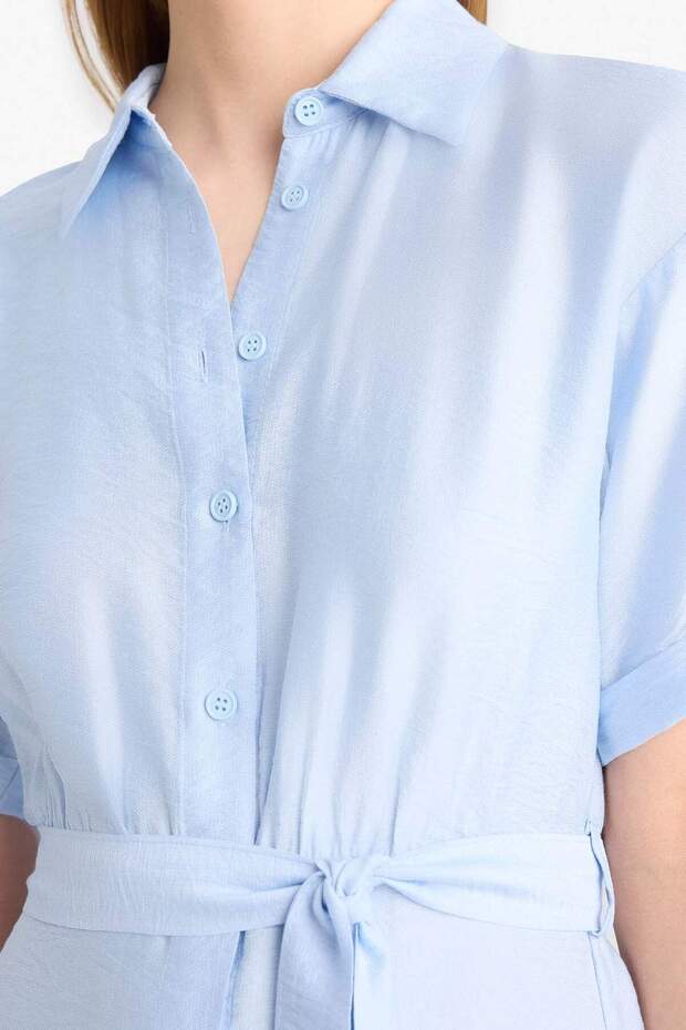 Gömlek Yaka Kuşaklı Kısa Kollu Midi Yazlık Elbise F2113AX25SM - 6