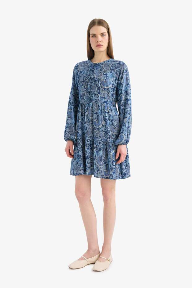 Gemustertes Langarm-Minikleid mit Rundhalsausschnitt E6612AX25SP - 1