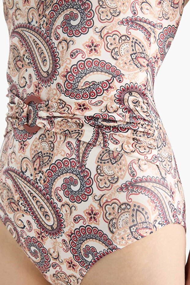 Tek Omuz Şal Desenli Mayo-Fall in Love E4890AX25SM - 4