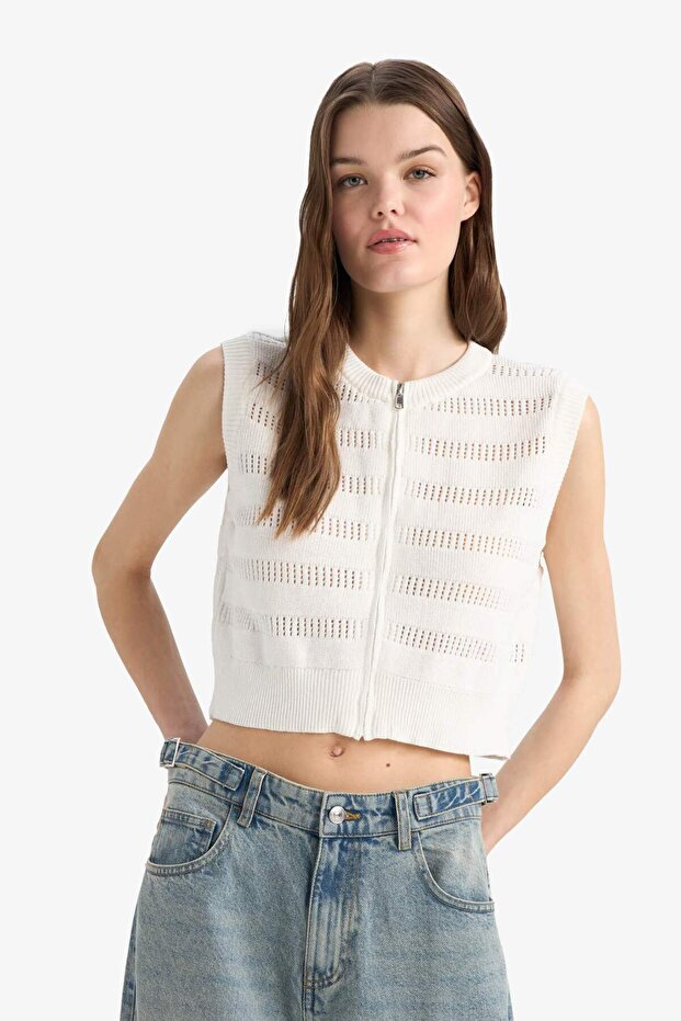 Regular Fit Bisiklet Yaka Fermuarlı Triko Yelek E7301AX25SP - 5