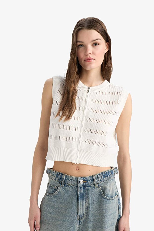 Regular Fit Bisiklet Yaka Fermuarlı Triko Yelek E7301AX25SP - 6