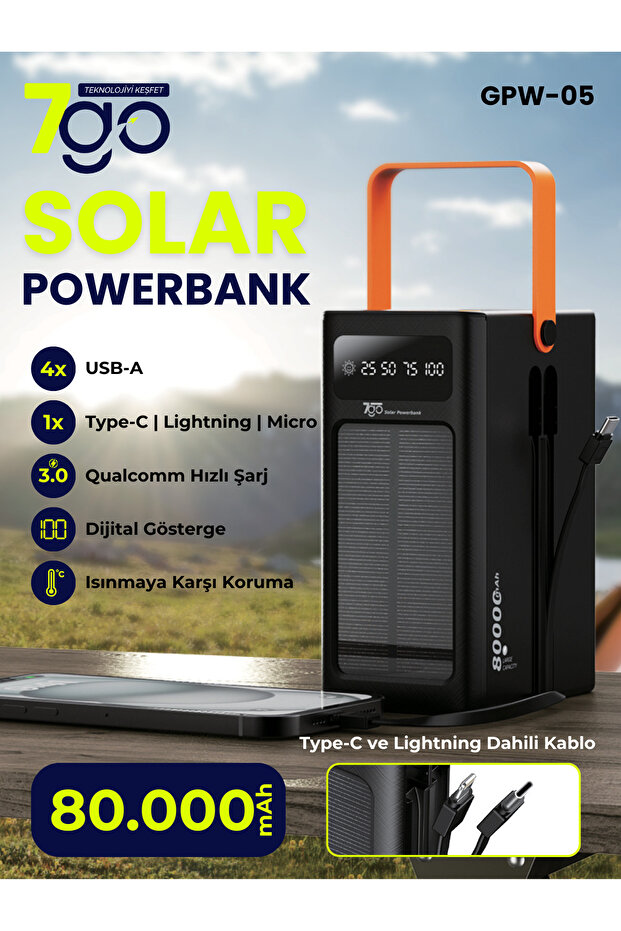 GPW-05 80.000mAh Solar Powerbank – 4xUSB-A, Qualcomm 3.0 Hızlı Şarj, Dahili Lightning & USB-C Ka - 1