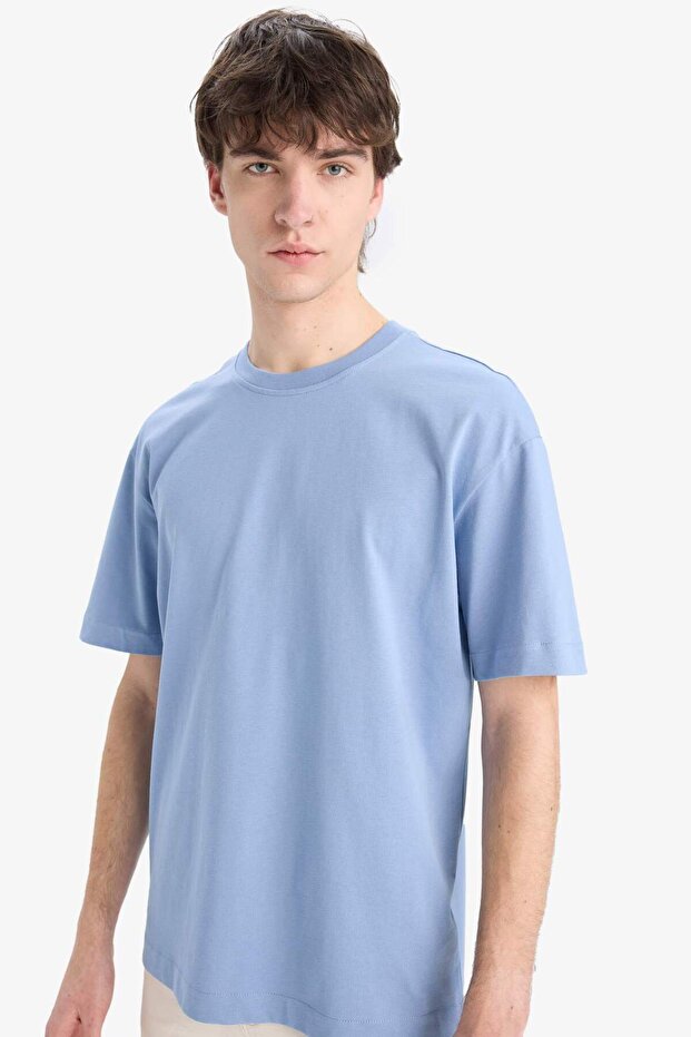 %100 Pamuk Oversize Geniş Kalıp Bisiklet Yaka Basic Düz Kısa Kollu Tişört E6885AXNS - 1