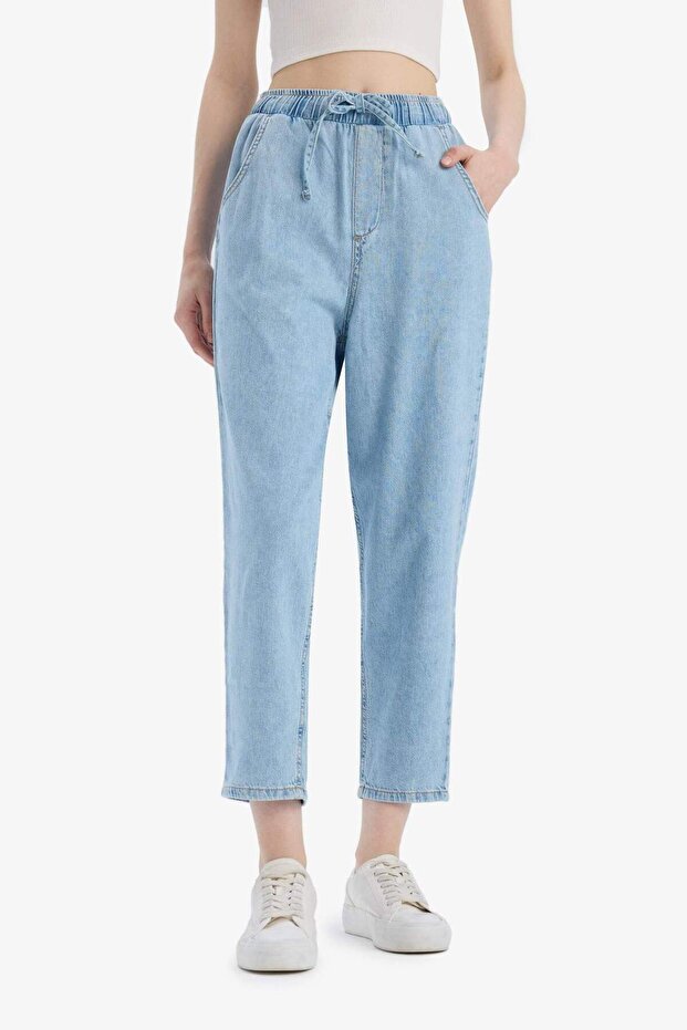 Pull On Paperbag Yüksek Bel Düz Paça Uzun Yumuşak Jean Pantolon E0733AX25SM - 4