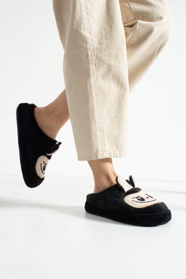 Siyah Peluş Oyuncaklı Kışlık Kadın Terlik - 7