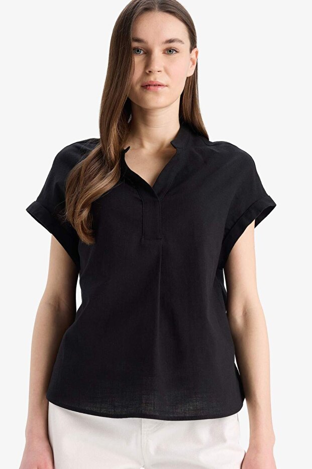 Regular Fit Apaş Yaka Flamlı Pamuk Kısa Kollu Bluz E7105AX25SP - 3