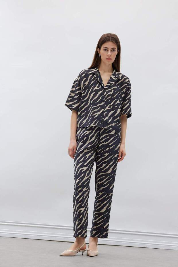 Carrot Fit Leopar Desenli Modal Kumaş Pantolon Çift Cepli Yüksek Bel Düz Paça E6360AX25SP - 1