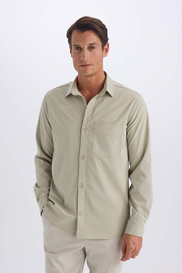 Regular Fit Polo Yaka Basic Düz Gofre Uzun Kollu Gömlek D8713AX25SP - 5
