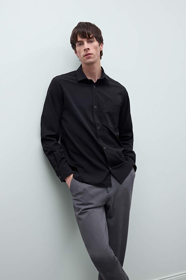 Regular Fit Polo Yaka Basic Düz Gofre Uzun Kollu Siyah Gömlek D8713AX25SP - 1