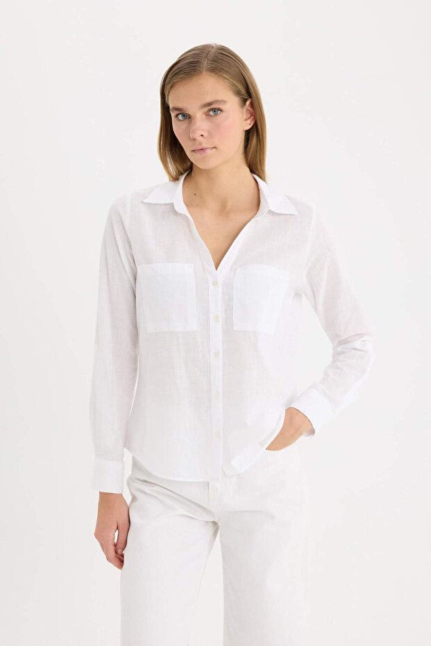 Regular Fit Basic Düz Keten Karışımlı Uzun Kollu Gömlek V2522AZ25SP - 7