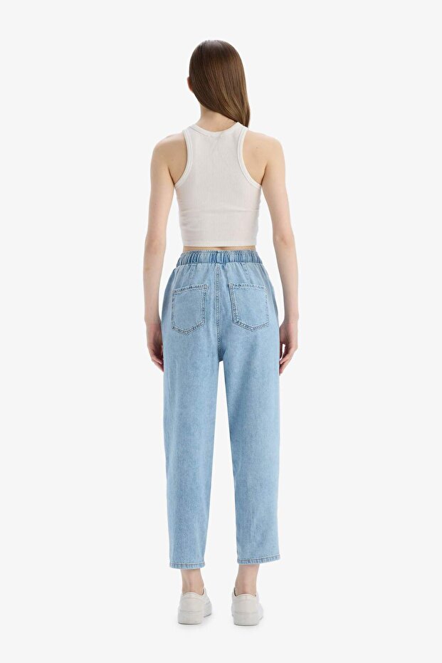 Pull On Paperbag Yüksek Bel Düz Paça Uzun Yumuşak Jean Pantolon E0733AX25SM - 7