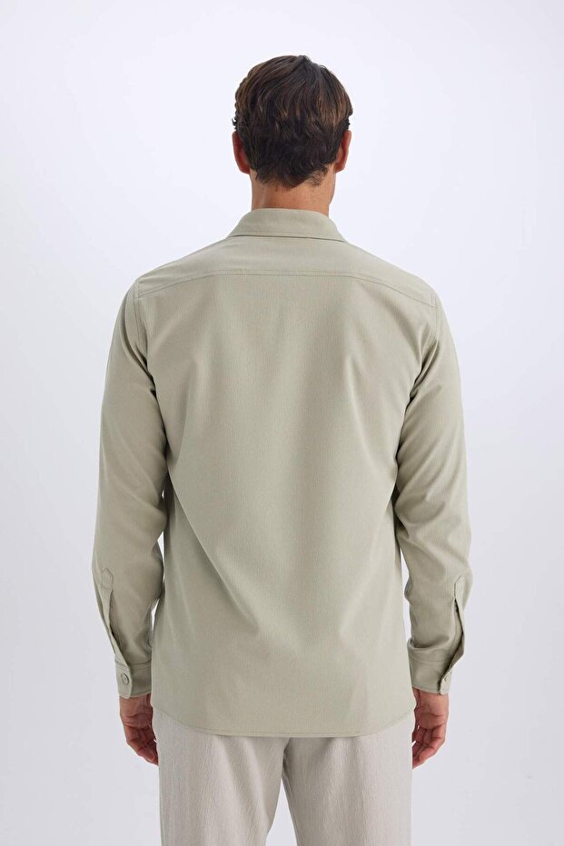 Regular Fit Polo Yaka Basic Düz Gofre Uzun Kollu Gömlek D8713AX25SP - 7