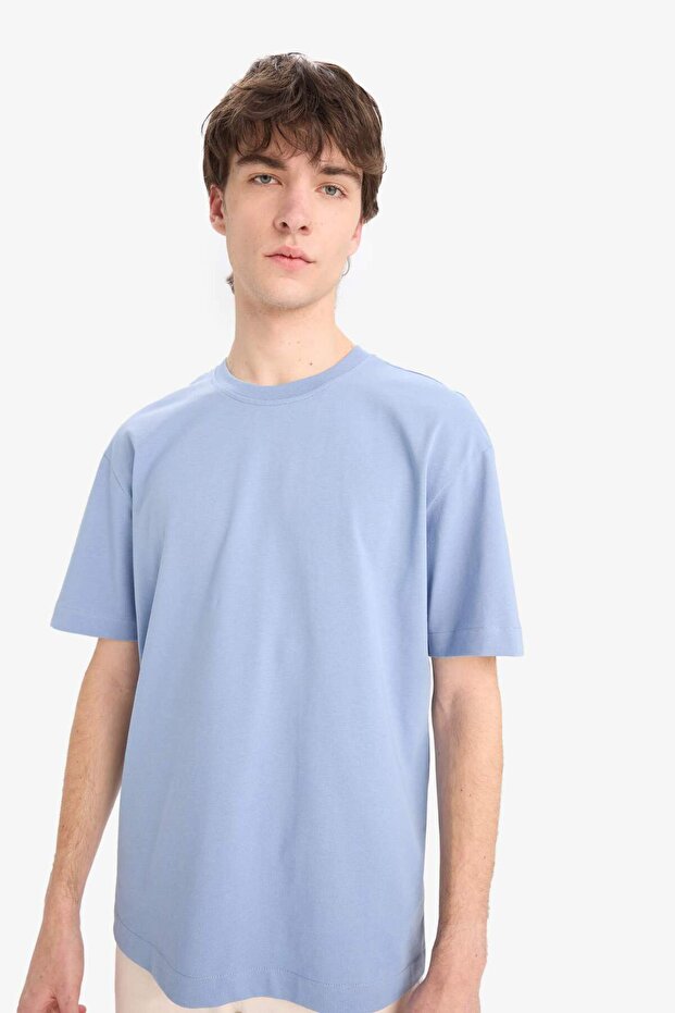 %100 Pamuk Oversize Geniş Kalıp Bisiklet Yaka Basic Düz Kısa Kollu Tişört E6885AXNS - 4