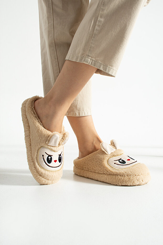 Bej Peluş Oyuncaklı Kışlık Kadın Terlik - 7