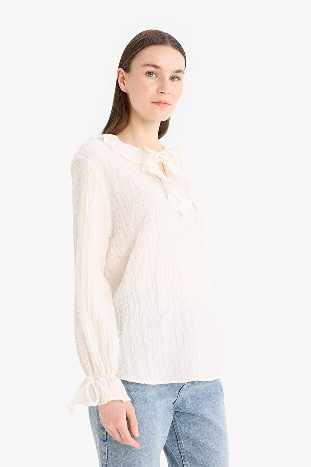 Bağcıklı Yaka Gofre Dokulu Uzun Kollu Bluz Tunik E7968AX25SM - 3