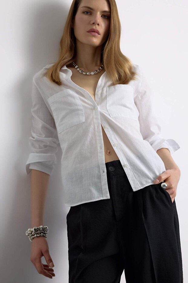 Regular Fit Basic Düz Keten Karışımlı Uzun Kollu Gömlek V2522AZ25SP - 1