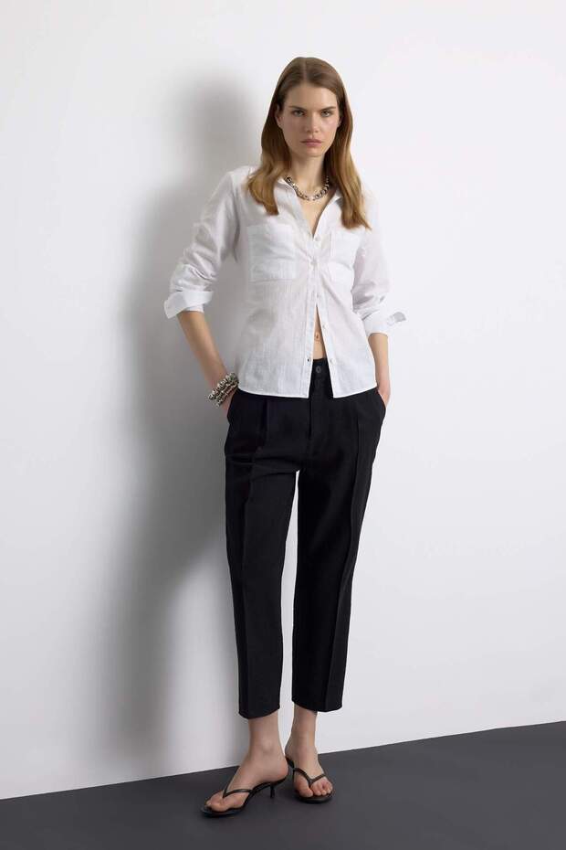 Regular Fit Basic Düz Keten Karışımlı Uzun Kollu Gömlek V2522AZ25SP - 2