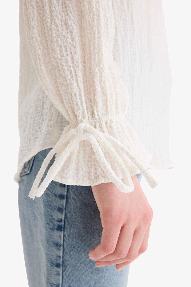 Bağcıklı Yaka Gofre Dokulu Uzun Kollu Bluz Tunik E7968AX25SM - 6