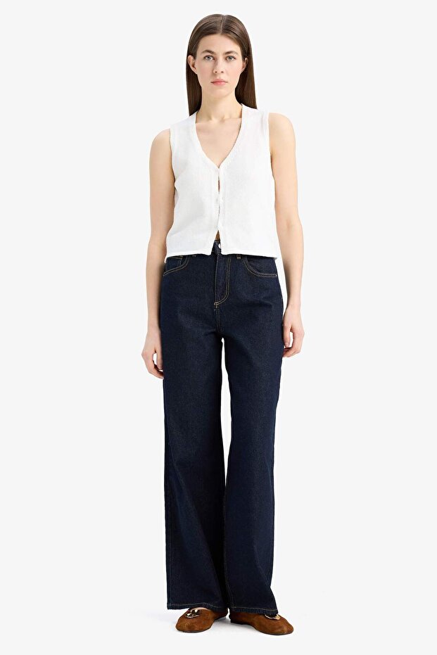 Fitted V Yaka Basic Düz Düğmeli Yelek E9927AX25SM - 2