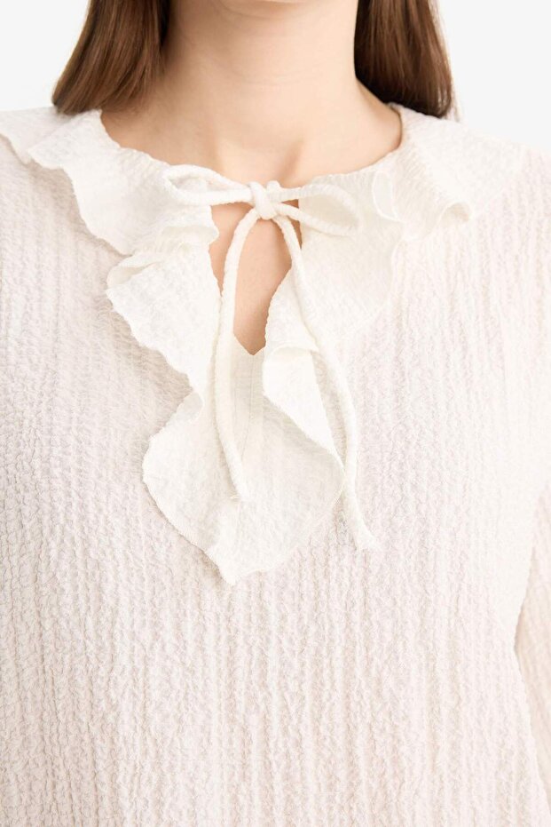 Bağcıklı Yaka Gofre Dokulu Uzun Kollu Bluz Tunik E7968AX25SM - 5