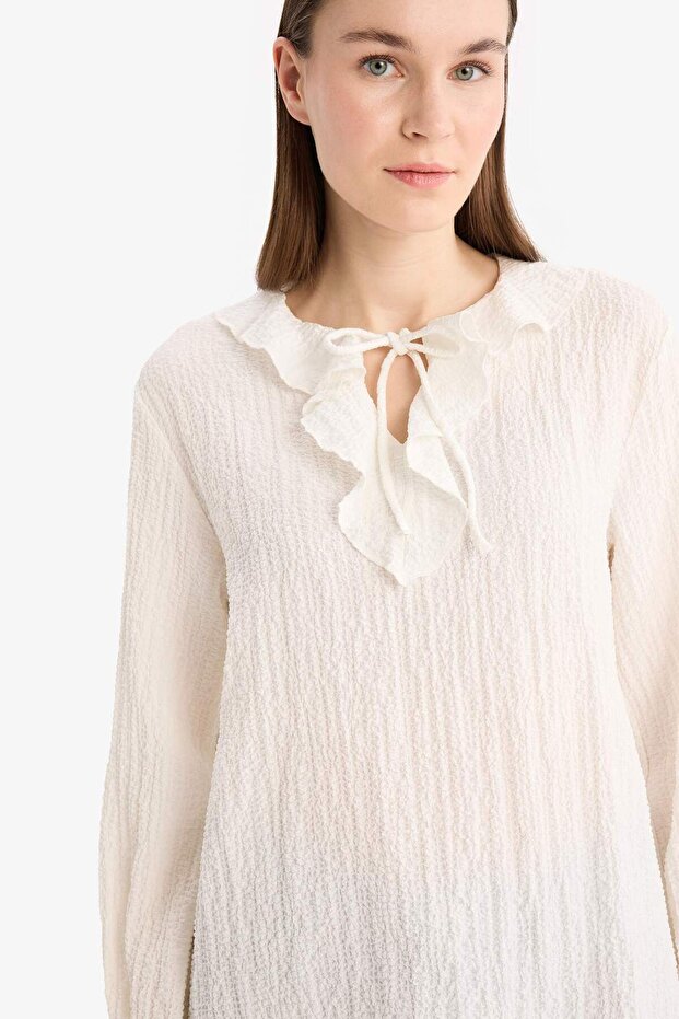 Bağcıklı Yaka Gofre Dokulu Uzun Kollu Bluz Tunik E7968AX25SM - 4