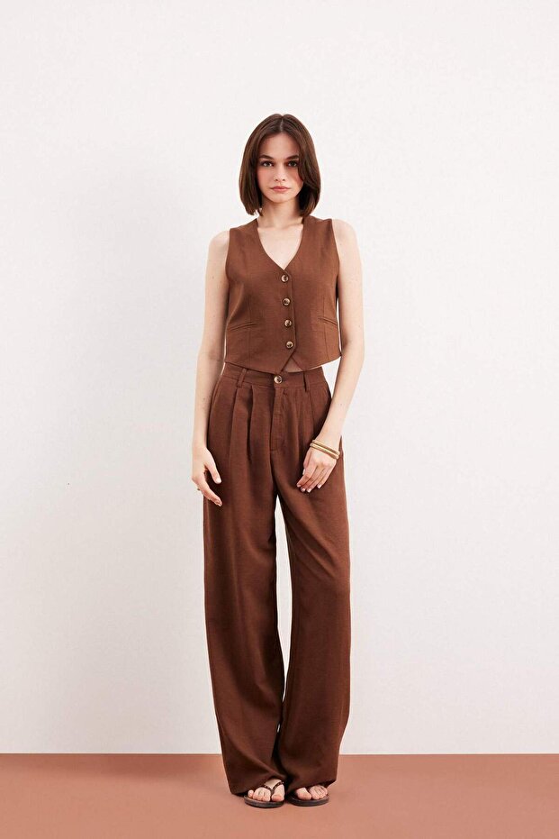 Wide Leg Zippered Regular Waist Standard Length Wide Leg Linen Blend Palazzo Pants E6210Ax25Sp